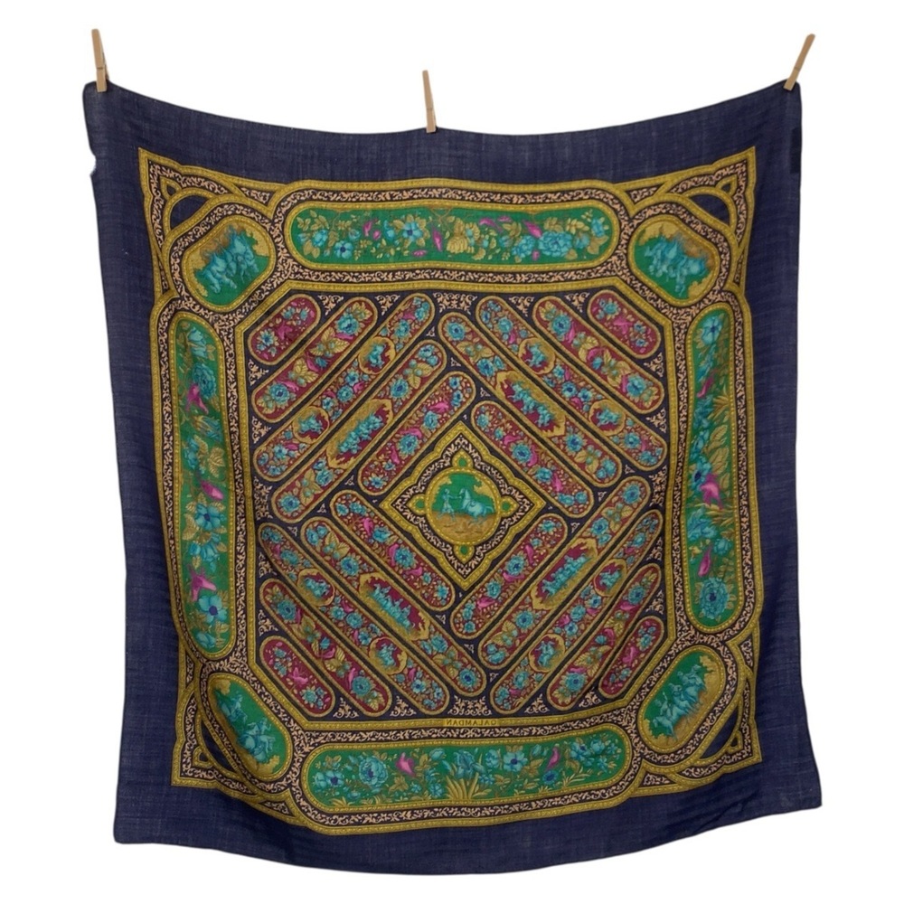 HERMES QALAMDAN Carre 90 Navy Multicolor Silk Scarf/Muffler for Women